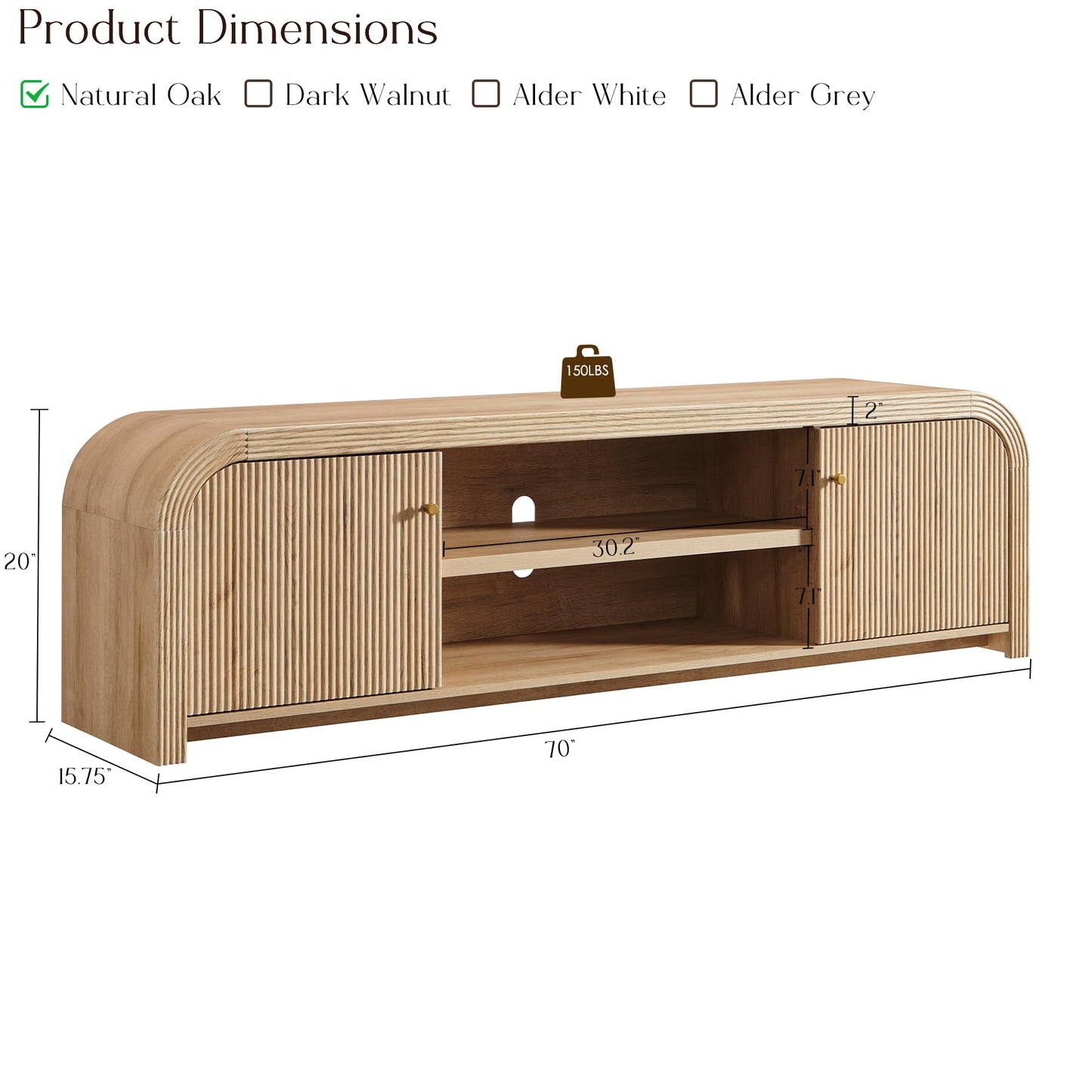 T4TREAM 70" Modern Fluted TV Stand with Storage, Natural Oak