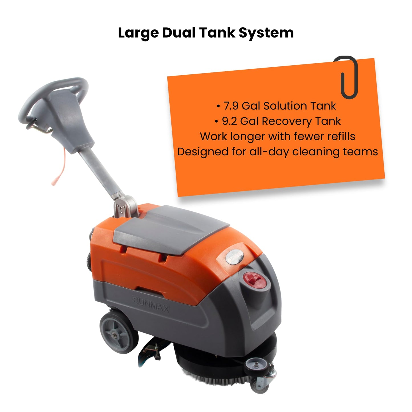 Sunmax RT35AC 17" Electric Walk-Behind Floor Scrubber, 7.9/9.2-Gal Dual Tank System, Orange/Gray, 26ft 110V Corded Commercial Floor Cleaning Machine