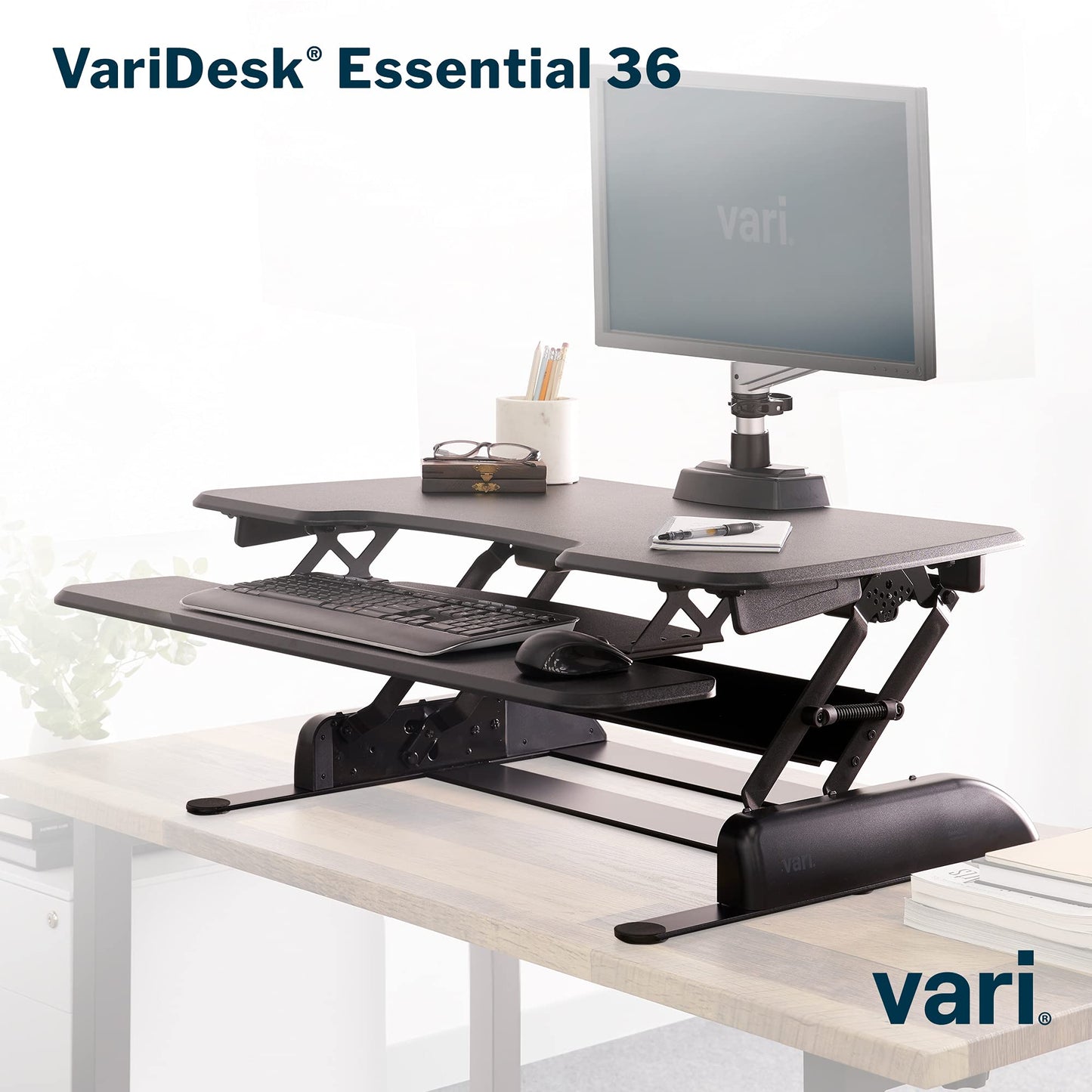 Vari - VariDesk Essential 36 - Two-Tier Standing Desk Converter for Monitor & Accessories - Height Adjustable Sit Stand Desk - Fully Assembled Monitor Riser for Home Office - 36" Wide, Black