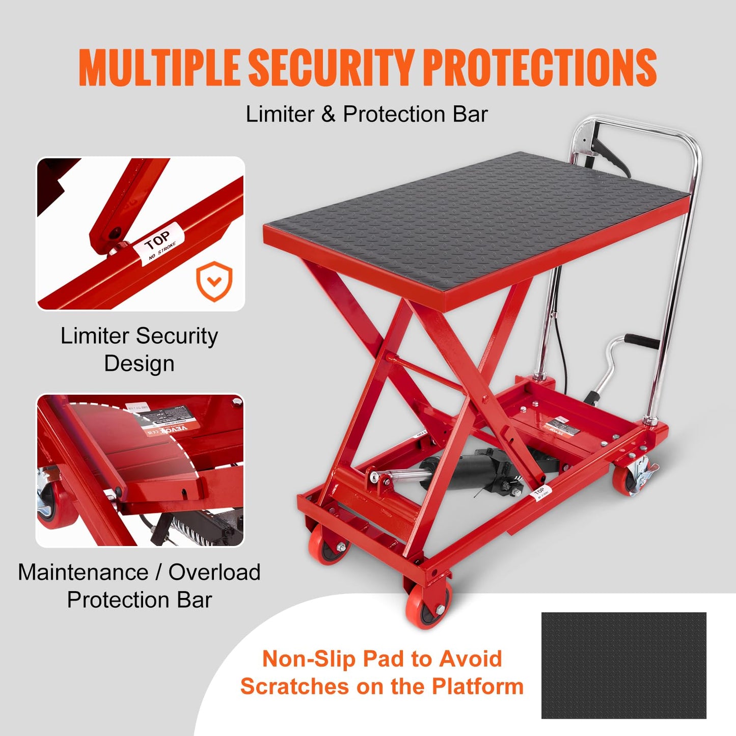 VEVOR TF23 Hydraulic Lift Table Cart, 500lbs Capacity 28.5" with 4 Wheels and Non-Slip Pad, for Material Handling and Transportation, Red
