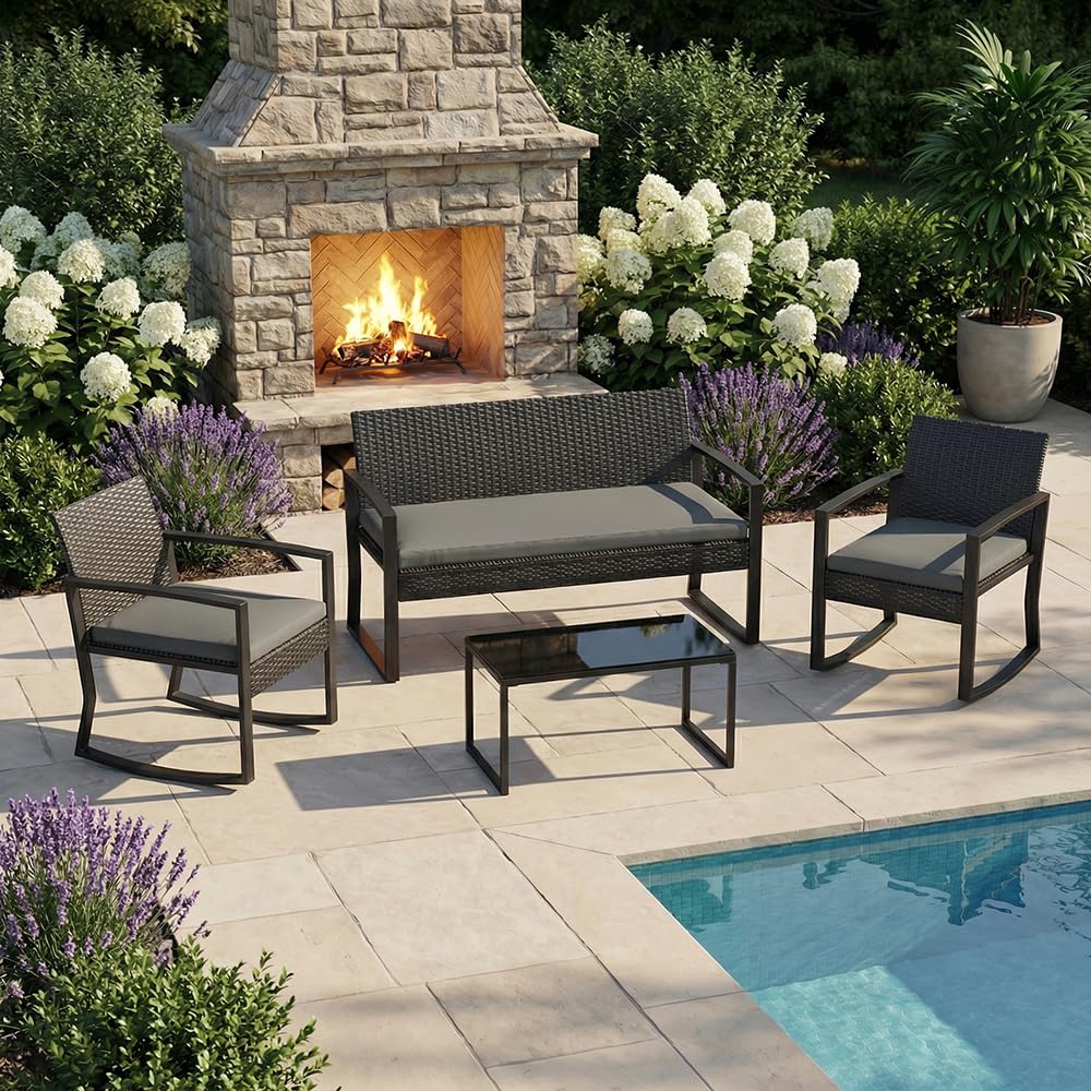 Garvee 4 Piece Patio Furniture Set, PE Rattan Outdoor Rocking Chair Conversation Set with Coffee Table, Outdoor Wicker Patio Table and Chairs Set for Patio, Porch, Backyard, Grey