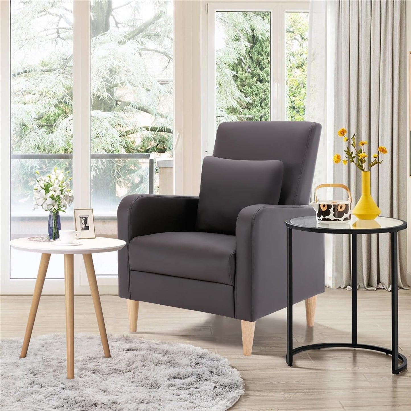 COLAMY Modern Accent Living Room Chairs Set of 2, Upholstered Faux Leather Armchairs Reading Side Chair, Single Sofa with Back Pillow and Wood Legs, Brown