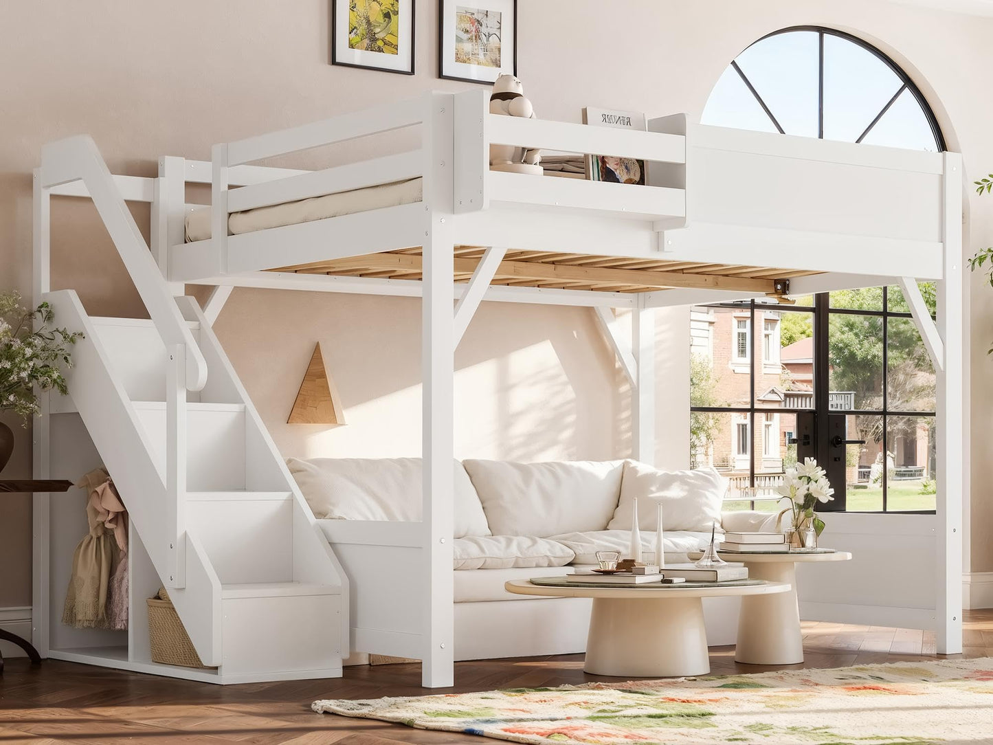 KEIKI Solid Wood Queen Size Loft Bed Frame with Stairs, Built-in Wardrobe and Storage Space, Queen Loft Bed with Shelves, Queen-Length Guardrails, No Box Spring Needed for Bedroom, Light White