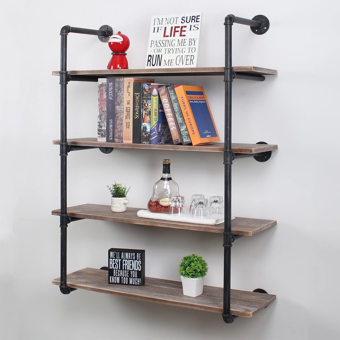 MBQQ Industrial Pipe Shelving Wall Mounted,48in Rustic Metal Floating Shelves,Steampunk Real Wood Book Shelves,Wall Shelf Unit Bookshelf Hanging Wall Shelves,Farmhouse Kitchen Bar Shelving(4 Tier)