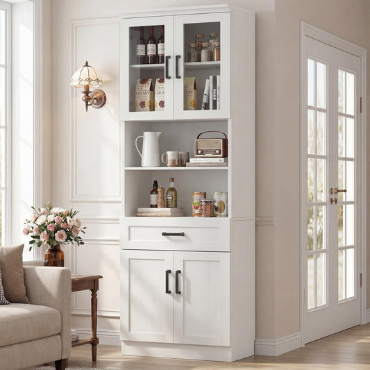 Unikito 79.7" Tall Kitchen Pantry Storage Cabinet, Freestanding Kitchen Hutch Cabinet with Glass Door, Adjustable Shelves and Drawer, Display Bookcase for Living Room, Dining Room, Bathroom, White