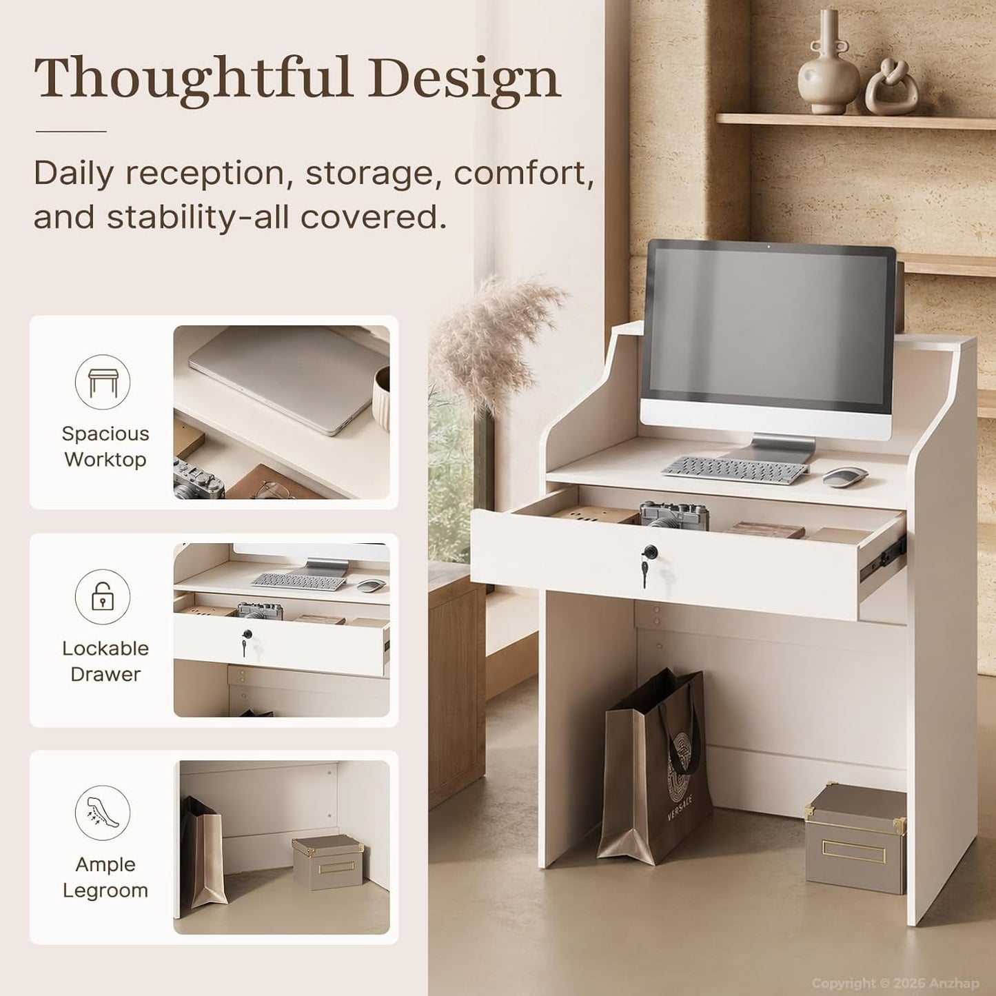 Nuipesn 31.5-Inch Small Reception Desk with Counter, Compact Receptionist Checkout Counter with Lockable Drawer, Spacious Legroom, Modern Front Counter for Office, Salon, Retail (White)
