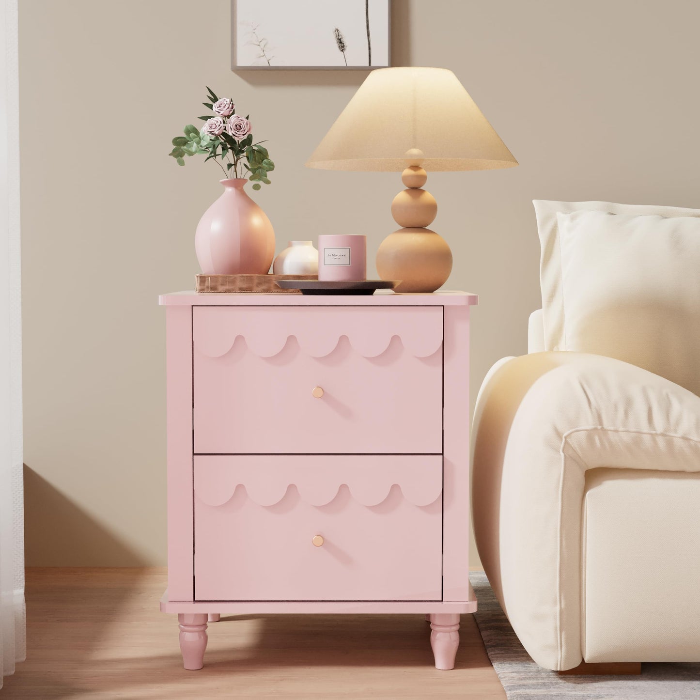 Anbuy Pink Nightstand Set of 2 with Petal Pattern, Modern Night Stand Set 2 with 2 Drawers for Bedroom, Side End Table Scalloped Bedside Night Tables with Solid Wood Legs