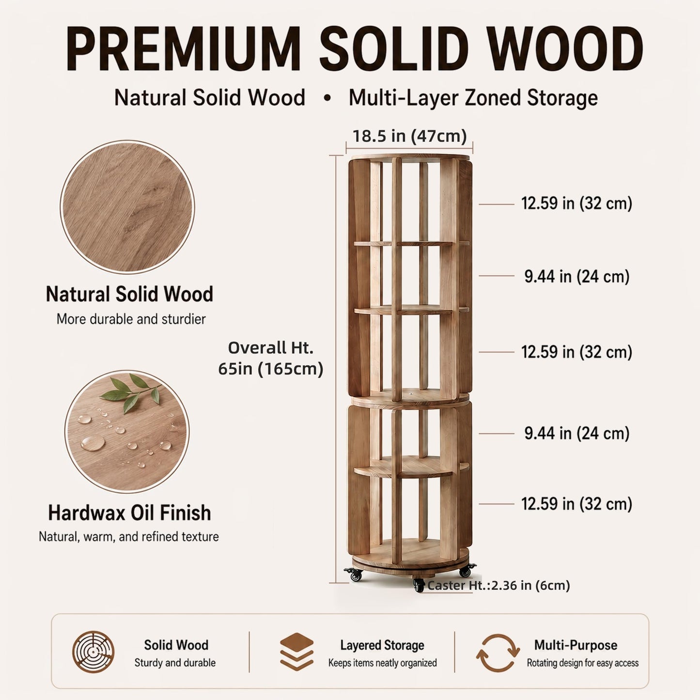 stianqhua Larger Solid Wood Rotating Bookshelf Tower with Casters (5-Tier)