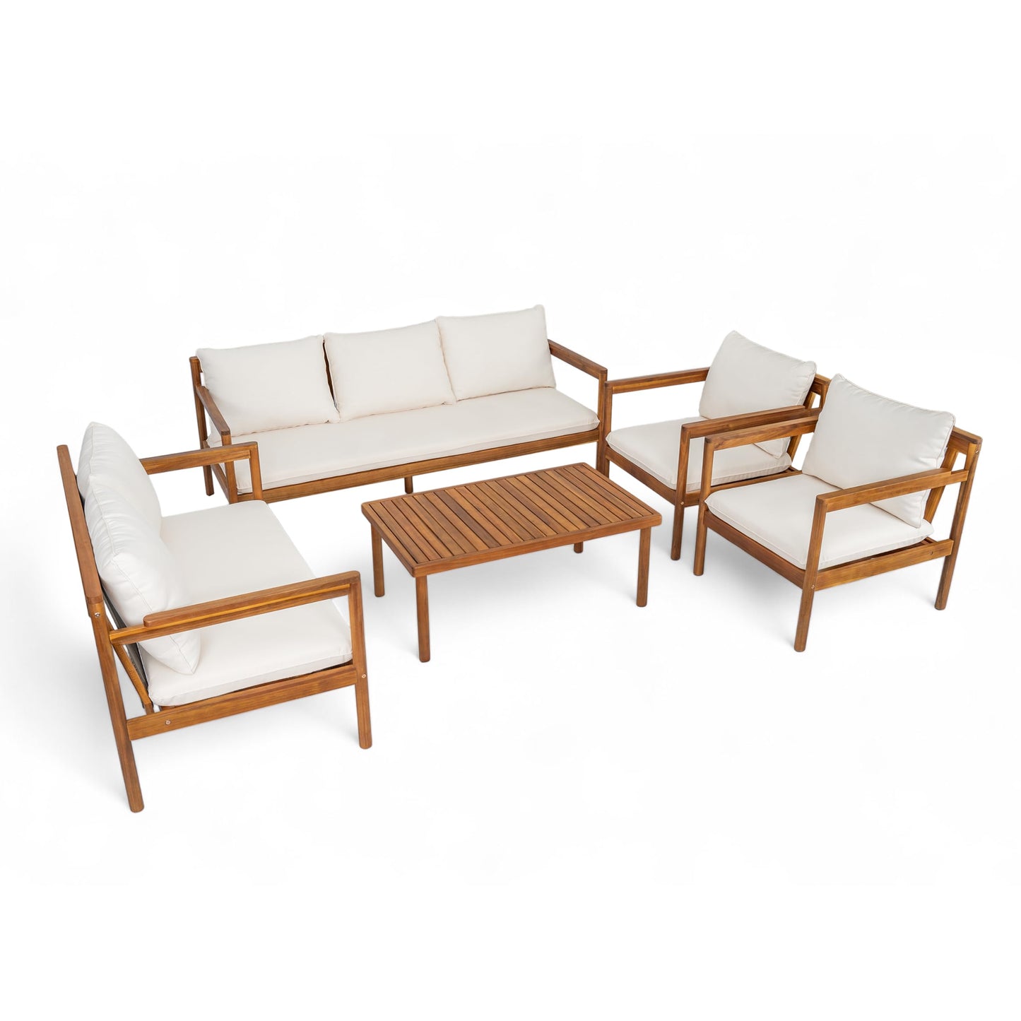 Christopher Knight Home Vorms 5-Piece Acacia Wood Patio Furniture Set with Rope Backrest, Patio Conversation Chat Set for Backyard Balcony, Outdoor 7-Seater Seating Group with Coffee Table, Teak+Cream