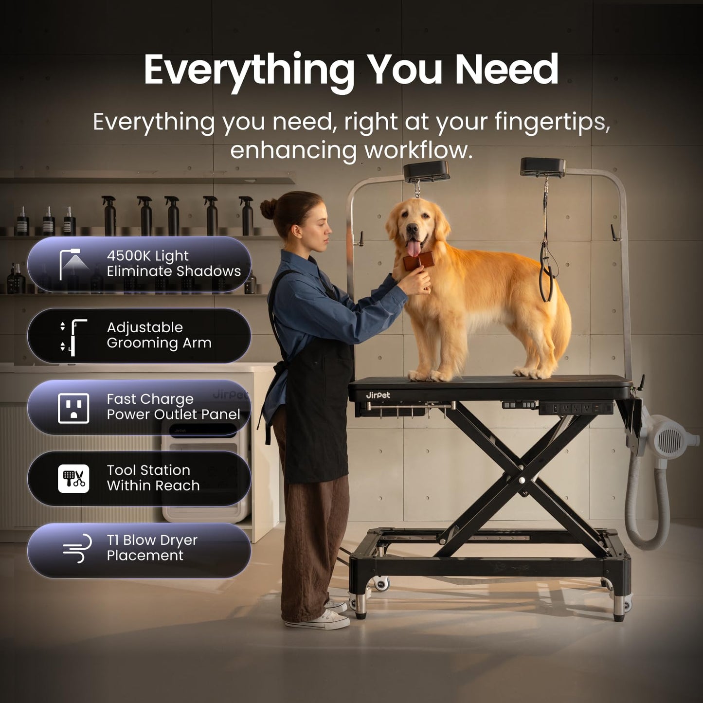JirPet Dog Grooming Table for Large Dogs, Electric Lift with Memory Function, 46″ Professional Grooming Table with Strong Stability, Power Outlet, Grooming Light, and Wheels for Easy Mobility
