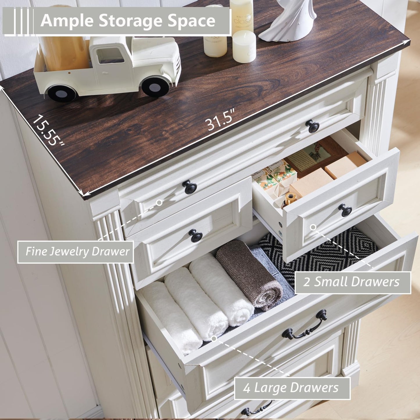 Aitjunz Farmhouse 7 Drawers Dresser for Bedroom, 57" Tall Dressers & Chests of Drawers w/Roman Column, Large Storage Dressers Organizer for Bedroom, Hallway, Living Room, White