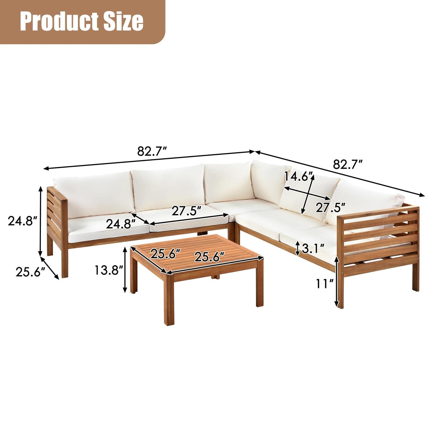 Wood Outdoor Sofa Set with Beige Cushions, Japanese Style Acacia Wood Frame, Water-Resistant UV-Protected Seats, Strong Metal Accessories, Flexible Modular Sectional for Garden Gazebo Patio