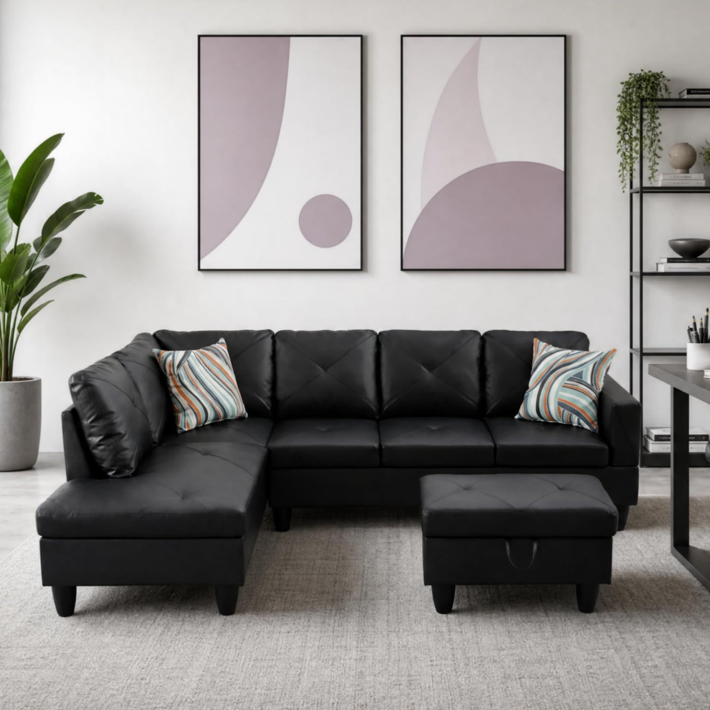 Trygoal 97" Leather L Shaped Couch with Left Chaise & Cup Holder, Sectional Sofas Modular Furniture Set with Storage Ottoman, Convertible Couches for Living Room, Small Space & Office (Black)