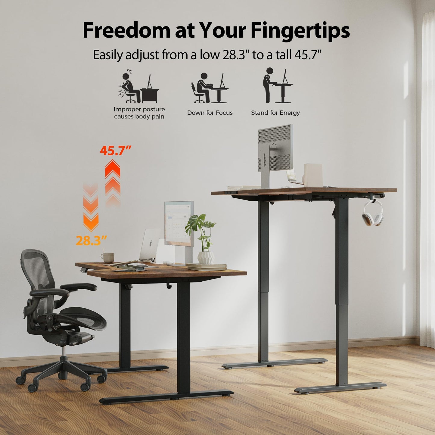Agilestic Electric Standing Desk, Height Adjustable Desk, 59 x 35 Inch Sit Stand up for Work Office Home, L Shaped Ergonomic Rising Computer Table with Memory Preset, Rustic Brown