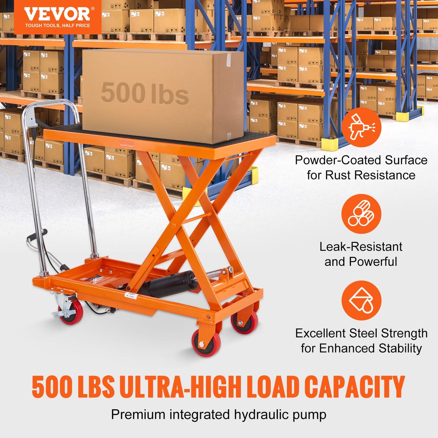 VEVOR TF23 Hydraulic Lift Table Cart, 500lbs Capacity 28.5" with 4 Wheels and Non-Slip Pad, for Material Handling and Transportation, Orange