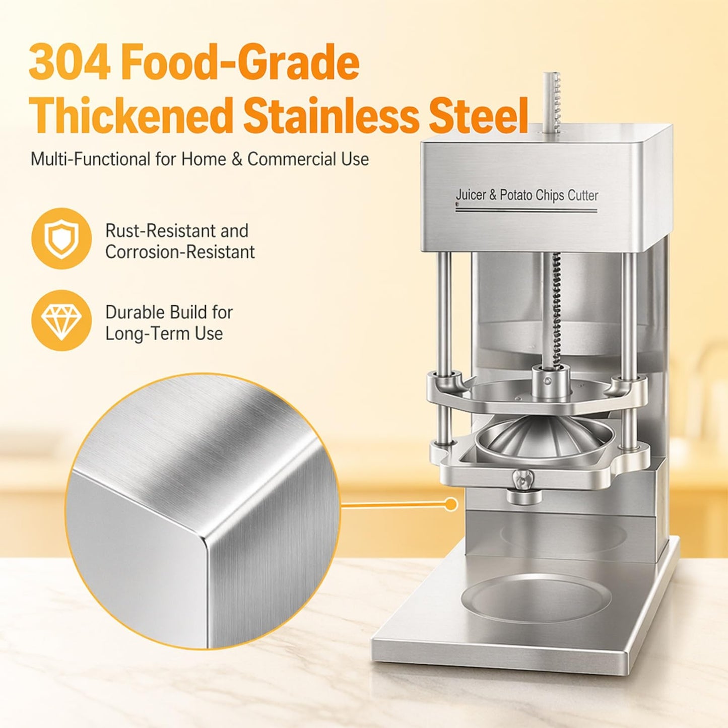 Juicer & Potato Chips Cutter, Electric Fry Cutter and Juice Extractor Machine, 7/9/13mm Blades, 304 Stainless Steel, Dual Power Supply Mode, for Potato, Carrot Strips, Orange Lemon