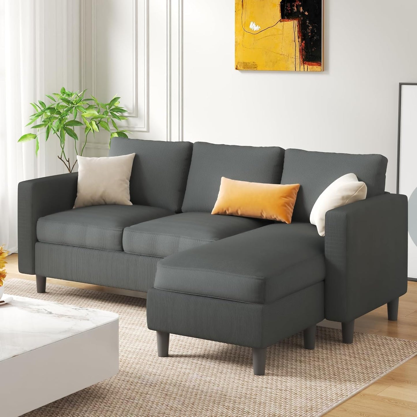 JAMFLY Couches for Living Room, 3-Seat Reversible Sectional Sofa with Convertible Ottoman, Modern Ribbed Fabric L-Shaped Couch for Small Apartment, Studio & Office, Easy Assembly, Grey