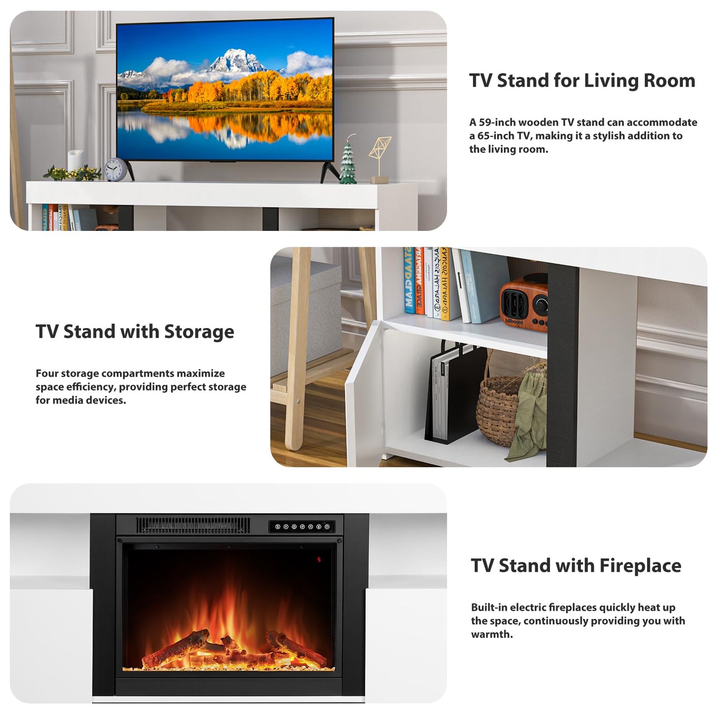 Electactic 59" Electric Fireplace TV Stand with Mantel, Storage Cabinet, Remote Control for LED Flame & Heater, for Living Room & Bedroom White