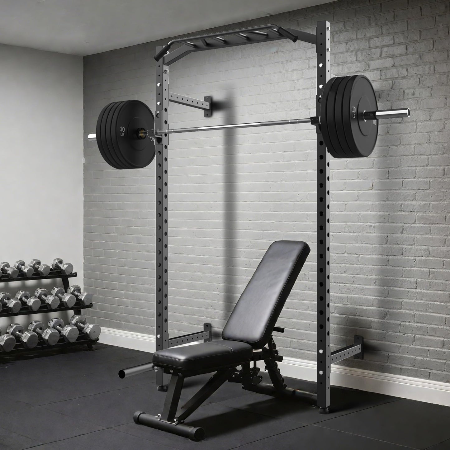 Garvee Wall Mounted Power Rack, 1600LB Commercial Squat Rack for Home Gym with Multi-Grip Pull Up Bar, j-Cups & Landmine Attachment for Home and Garage Gym