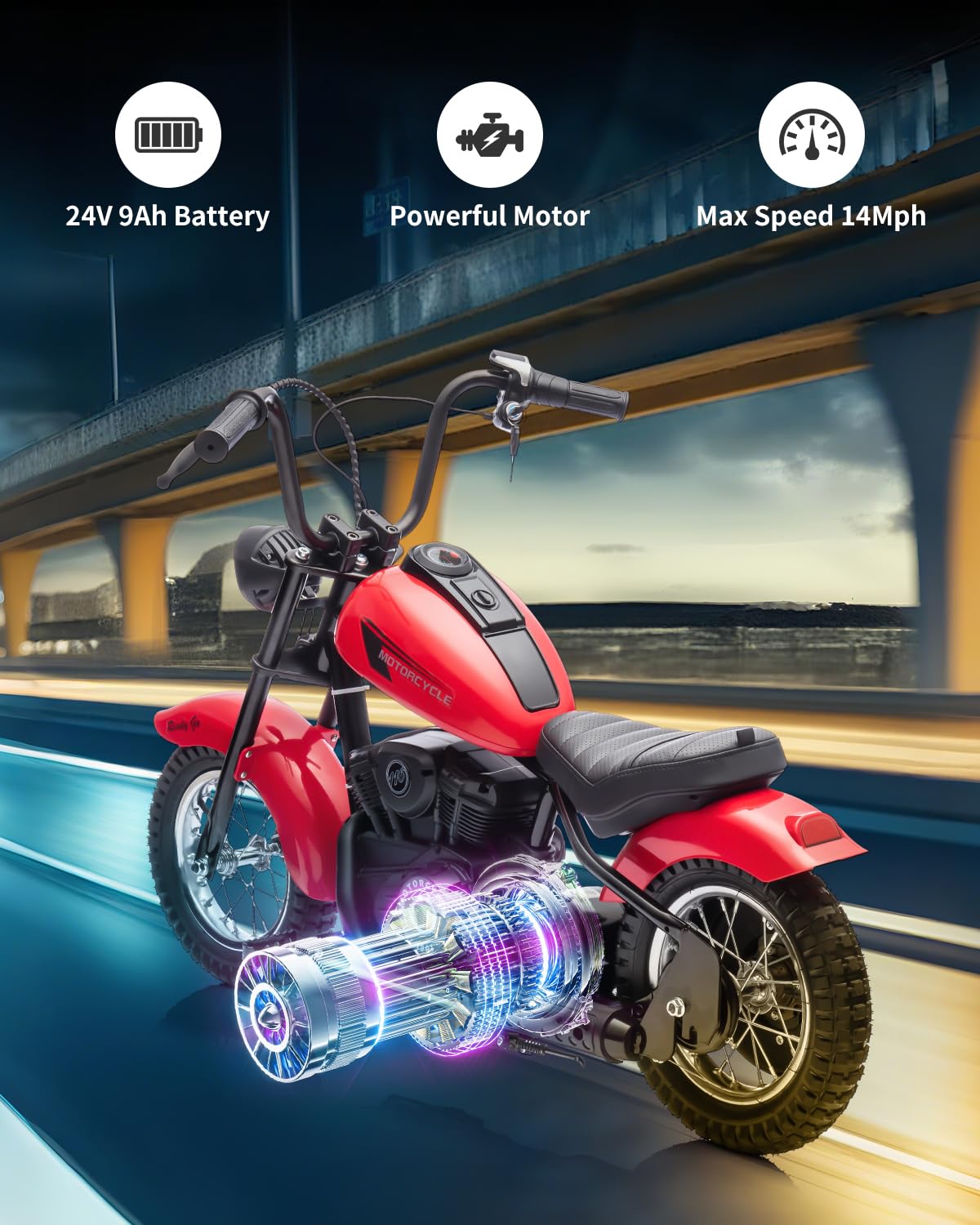 Electric Dirt Bike for Kids 24V, 150lb Max Weight & 15mph, Chain Driven Motor w/12'' Air Filled Tires, Handbrake & Shock Absorbers, LED Lights, Power Display Ride On Toy for Boys & Girls