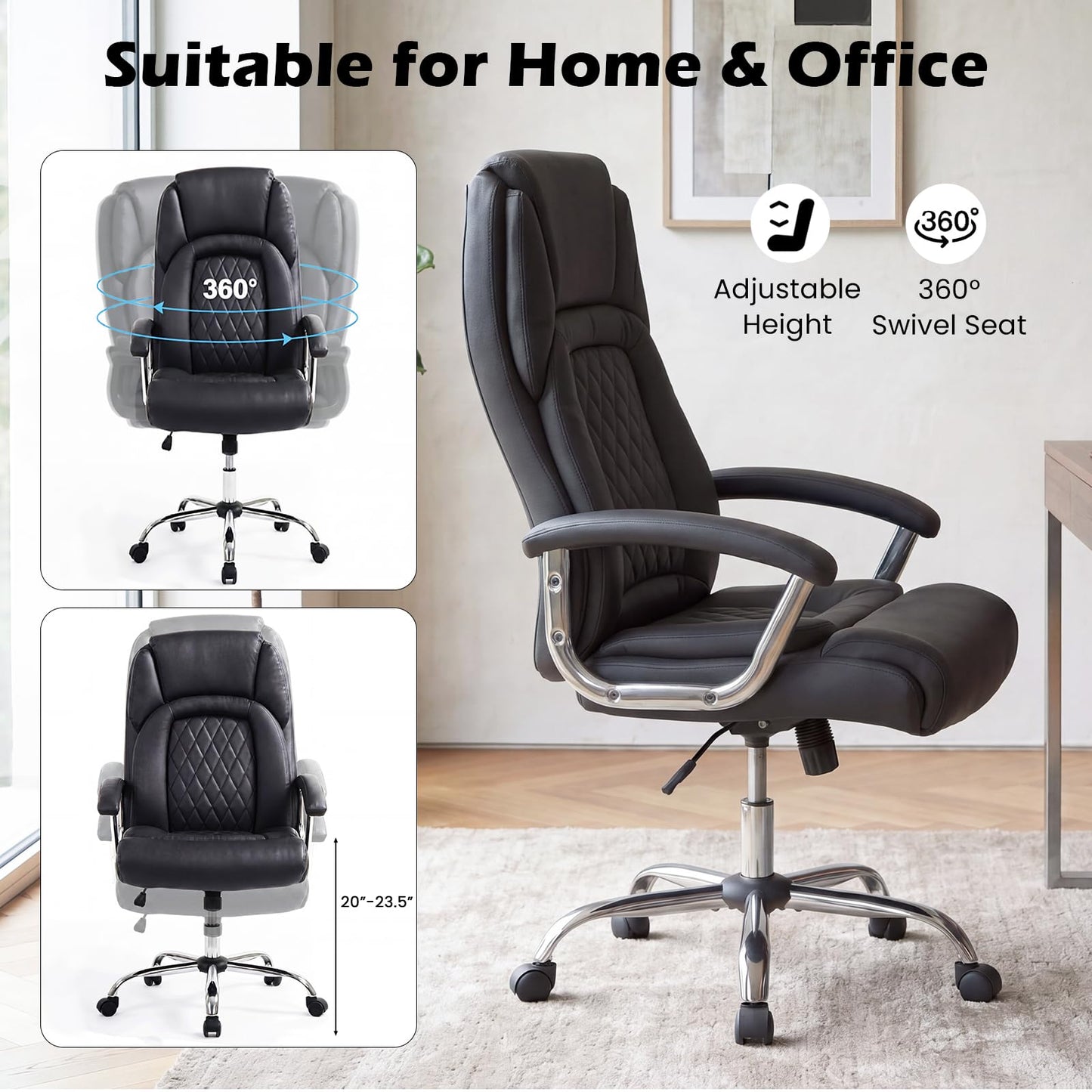 Giantex Ergonomic Office Chair, Upholstered Leather Executive Chair w/Padded Armrests & Rocking Backrest, Height Adjustable Computer Desk Chair, Swivel Rolling Chair w/Wheels for Home Office, Black
