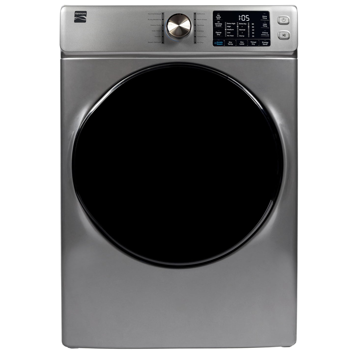 Kenmore 8.0 cu. ft. Front Load Electric Dryer with Wrinkle Guard & Accela Steam to Reduce Wrinkles, Static & Odors - Smart Sensor Drying - LED - ENERGY STAR Certified - Metallic Silver