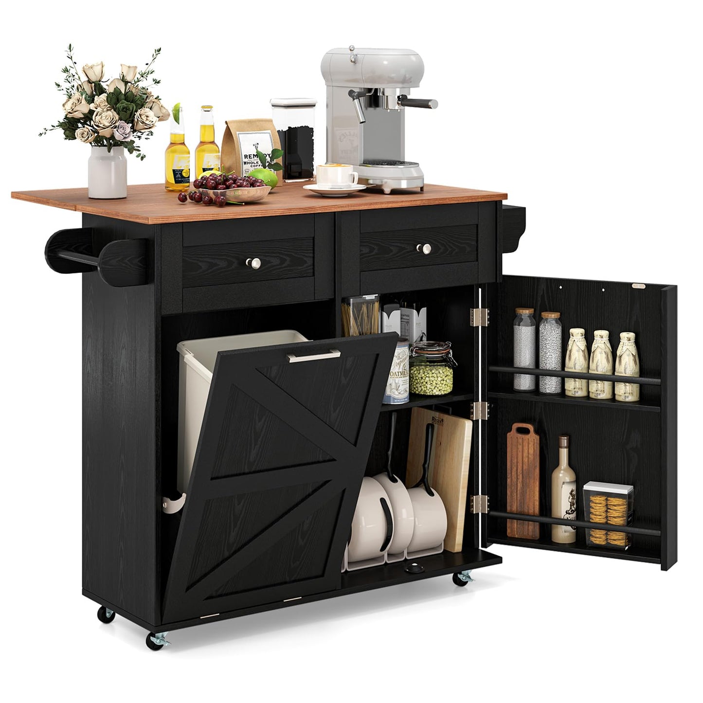 Giantex Kitchen Island Cart with Hidden Tilt Out Trash Can Cabinet, Drop Leaf, 2 Drawers, Towel Rack, Rolling Mobile Breakfast Bar Table, Wood Kitchen Storage Cart on Wheels (Black & Natural)