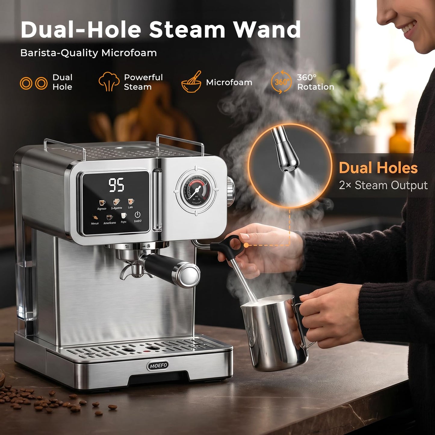 MOEFO 58mm Espresso Machine with Milk Frother, 20 Bar Semi-Automatic Coffee Maker, Visual Pressure Gauge & Touchscreen LCD Display, Professional Home Espresso Machine for Latte & Cappuccino, Silver
