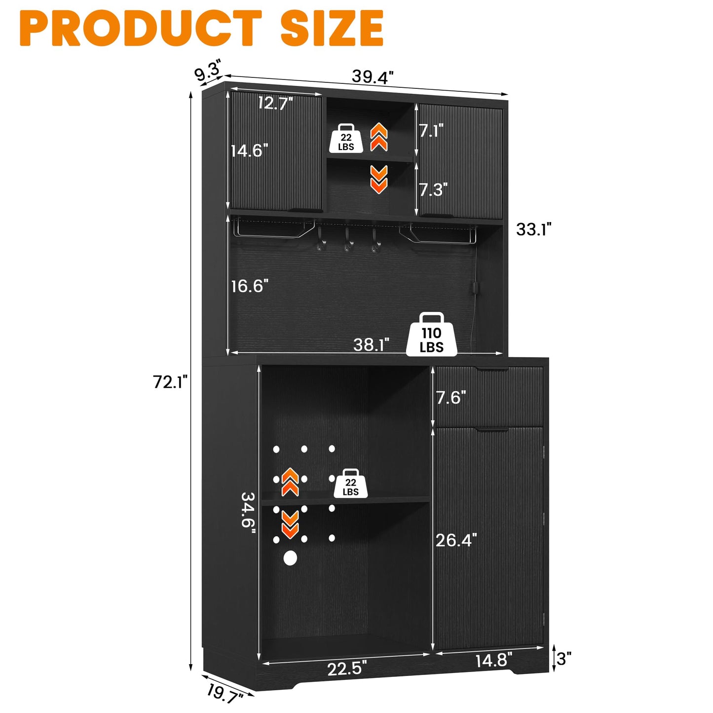 kepptory 72" Mini Fridge Cabinet with Storage, Coffee Bar Cabinet with Mini Fridge, Tall Coffee Bar Station with RGB LED Light, Wine Glass Holder, for Home Kitchen Living Room, Black