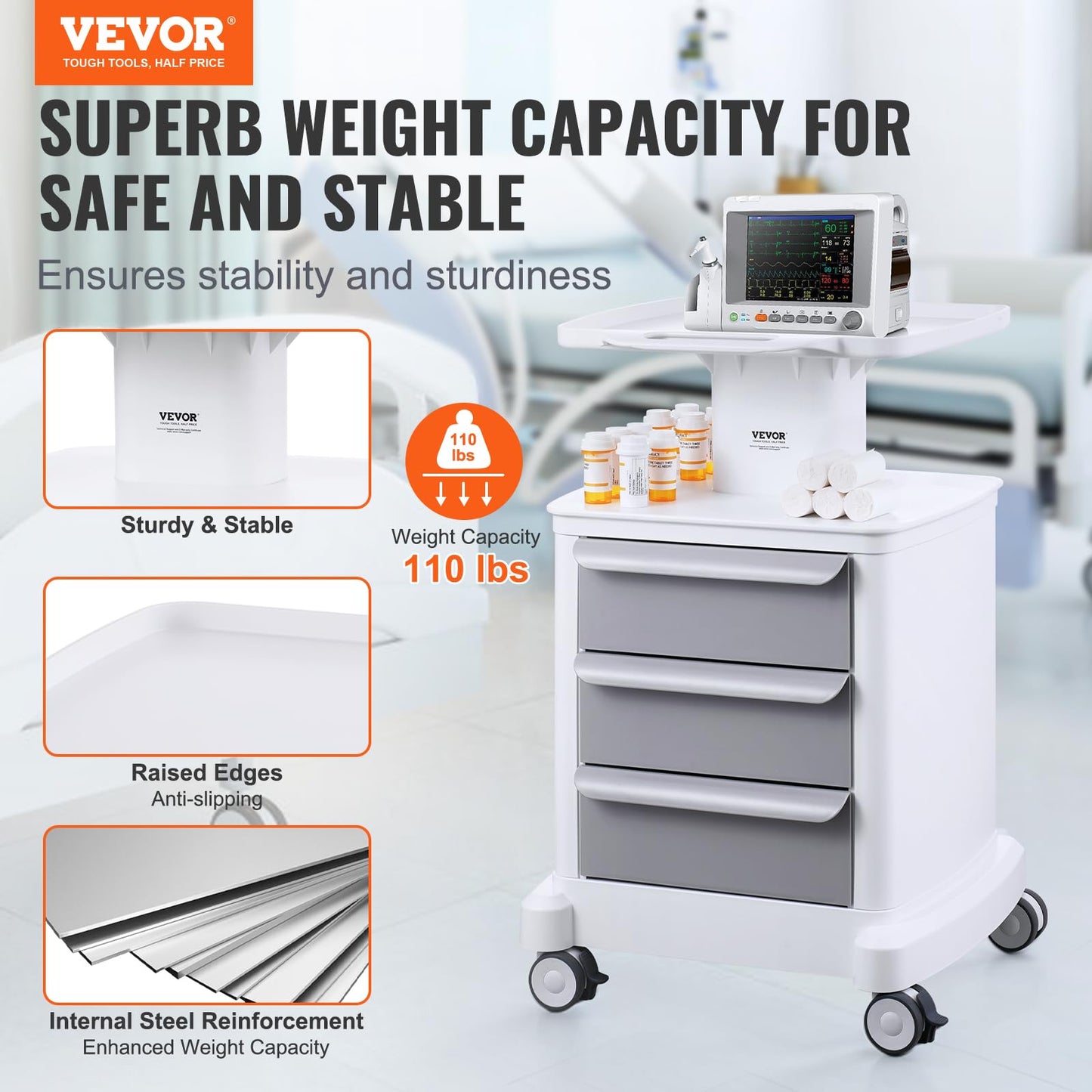 VEVOR 4 Tiers Lab Carts, Lab Utility Cart with 3 Drawers & 1 Top Tray, Mobile Medical Cart with ABS Material, Lab Rolling Cart with 4 Silent Wheels for Lab, Clinic, Hospital, Salon, White