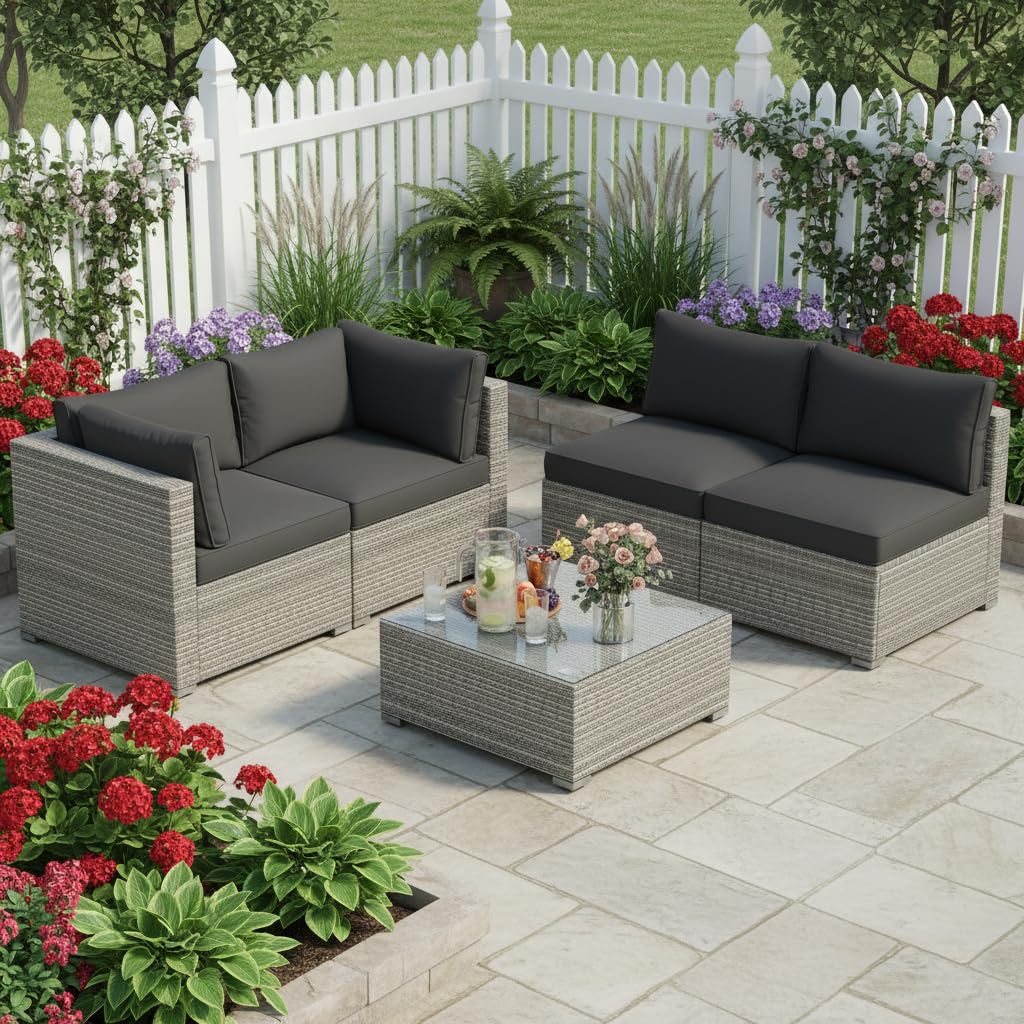 Tangkula 5-Piece Outdoor Patio Sectional Sofa Couch, PE Rattan Conversation Set w/Glass Coffee Table & Cushions, Outdoor Furniture Set w/Sturdy Metal Frame for Garden Poolside Backyard