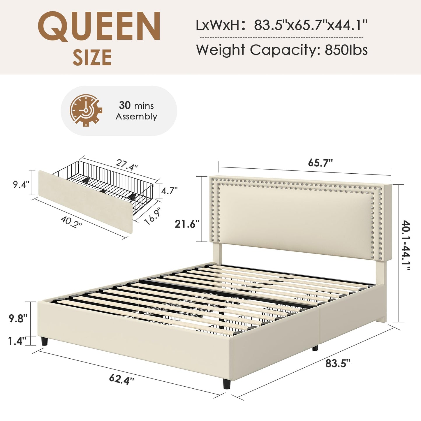 VECELO Queen Size Upholstered Bed Frame with 4 Storage Drawers, Adjustable Velvet Rivet Decor Headboard, Wooden Slats Platform Support, No Box Spring Needed, Easy Assembly,Beige