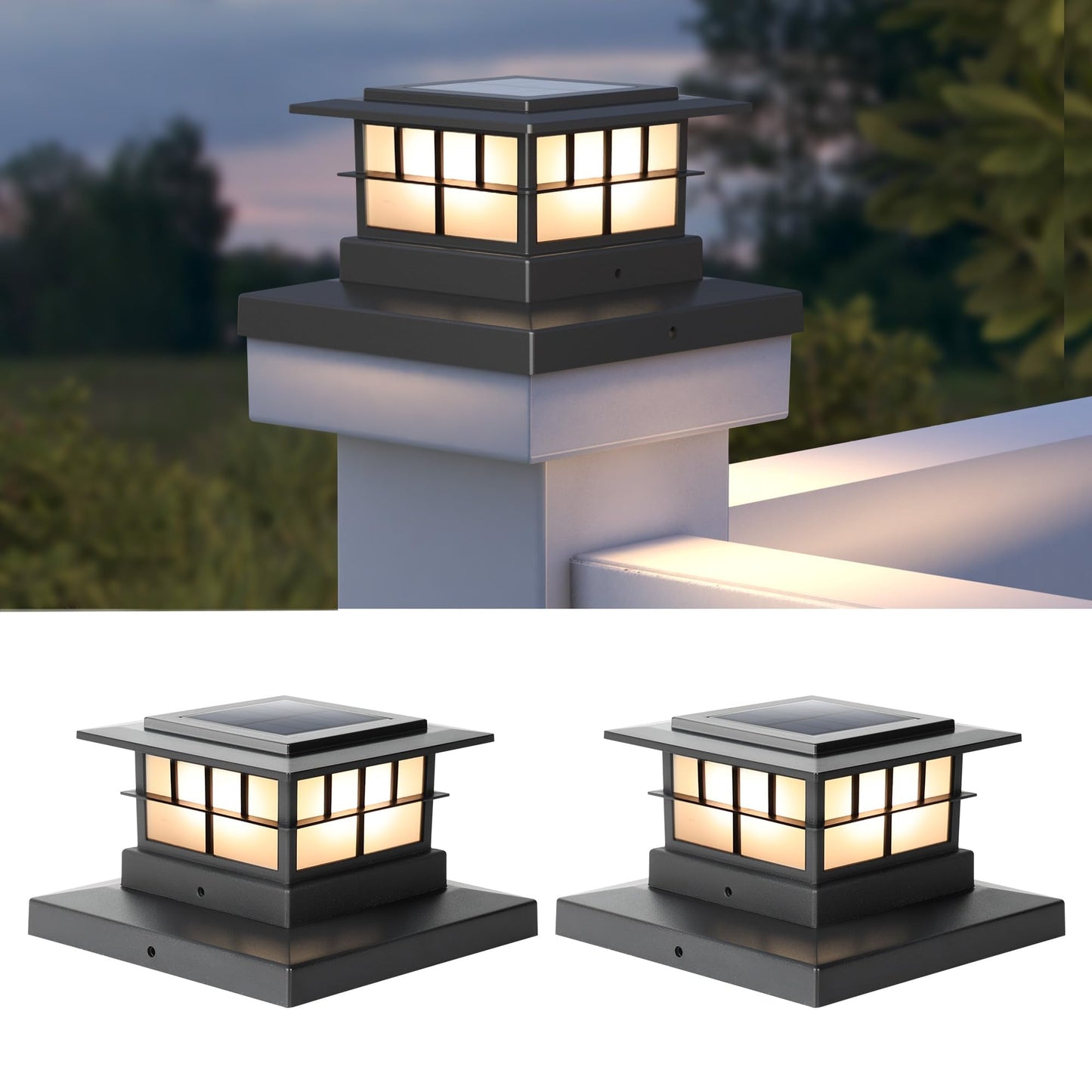 LUTEC Solar Post Cap Lights, IP65 Waterproof, Warm White LED, 2 Pack, Black, for 4x4 5x5 6x6 Posts