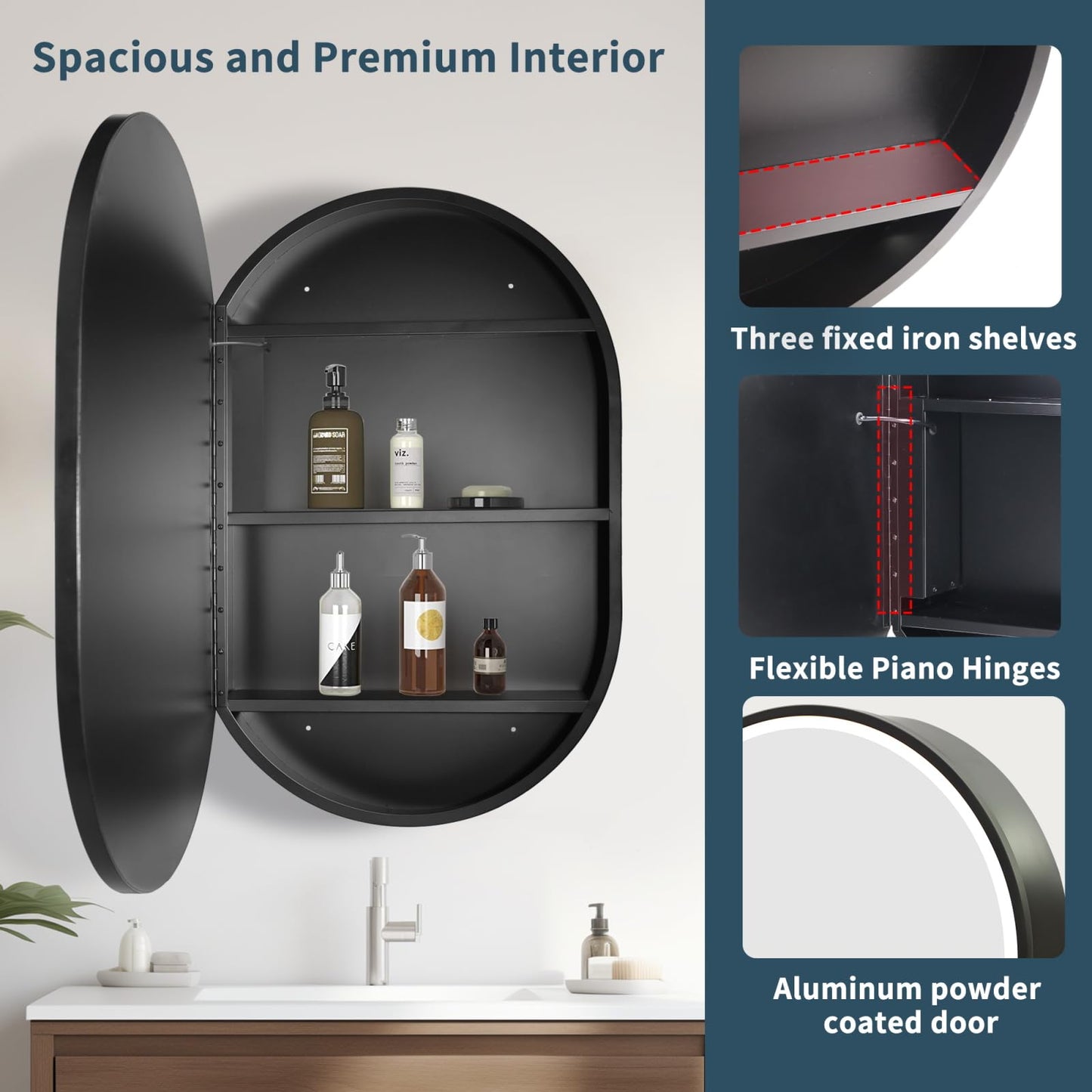 Movo 24 Inch x 36Inch Black Oval Mirror Medicine Cabinet Bathroom Wall Storage Cabinet Mirror Surface Mount Installation
