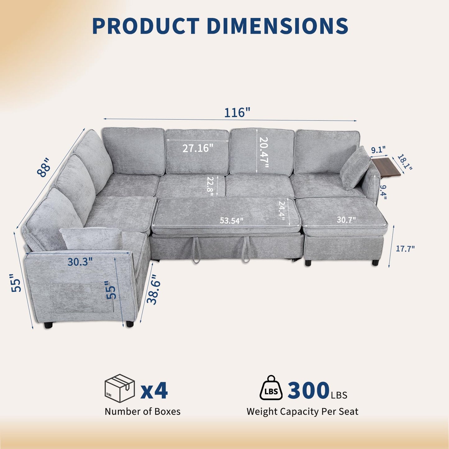 Modular Sectional Couch with Pull Out Sofa Bed, 116" U Shaped Modular Cloud Sofa Set with Ottoman, Charging Port & Foldable Side Table, 7 Seater Comfy Chenille Sleeper Couch for Living Room, Grey