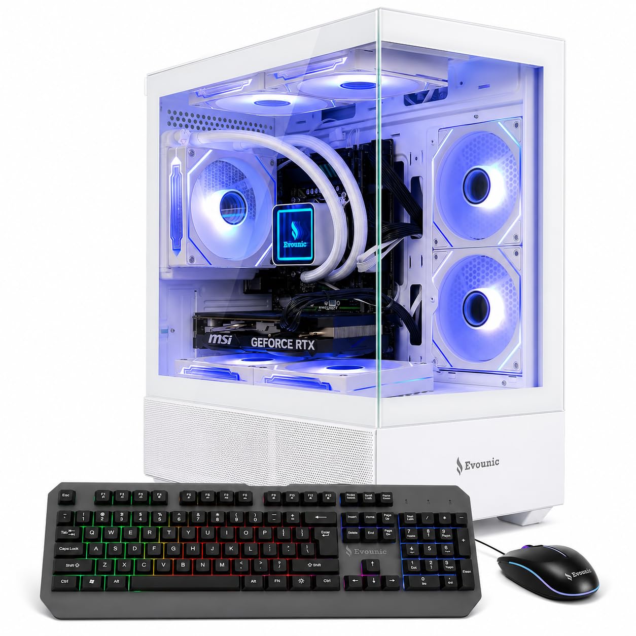 Evounic Gaming Desktop PC Computer Liquid Cooled 12-Core Processor, GeForce RTX 4060 GDDR6, 64GB RAM, 512GB NVMe SSD + 1TB HDD, WiFi 6 & BT 5.4, 7× ARGB Fans, 650W PSU, Windows 11