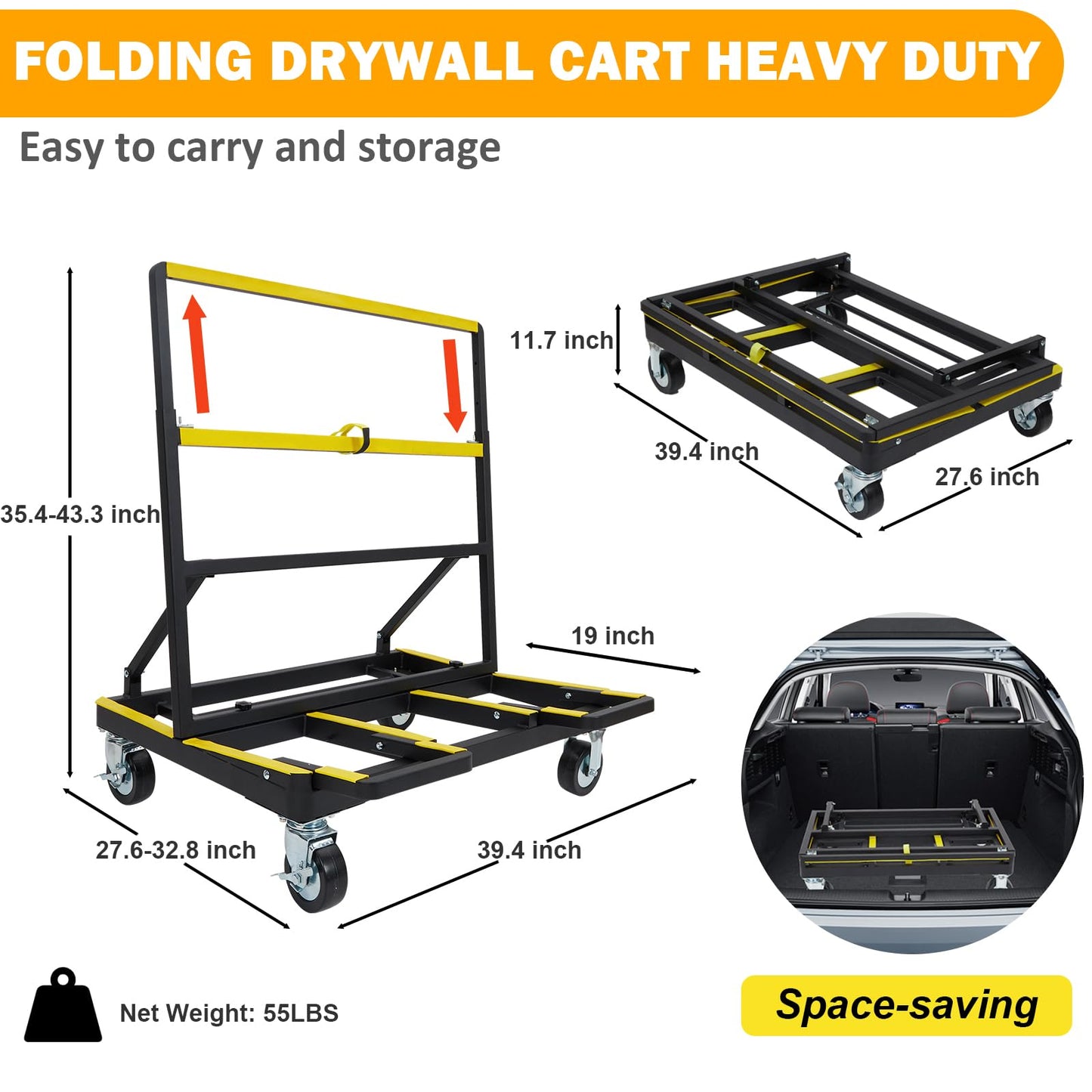 Folding Drywall Cart Heavy Duty Panel Dolly Cart 2200lbs Capacity, Drywall Dolly Plywood Carts with 4 Swivel Casters Extendable Deck, Sheetrock Handling Wall Panel Lumber Sheetrock Glass Windows