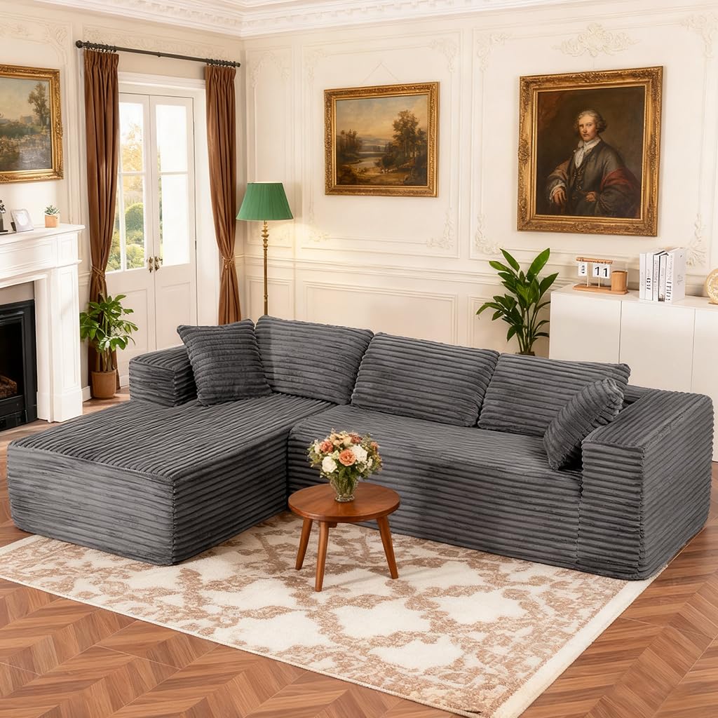 COMHOMA 105”Modular Sectional Sofa with Deep Seat,Cloud Upholstered L-Shape Boneless Couch Wide Arms Corduroy Fabric High-Density Foam Chaise Lounge for Living Room No Assembly Required,Dark Grey
