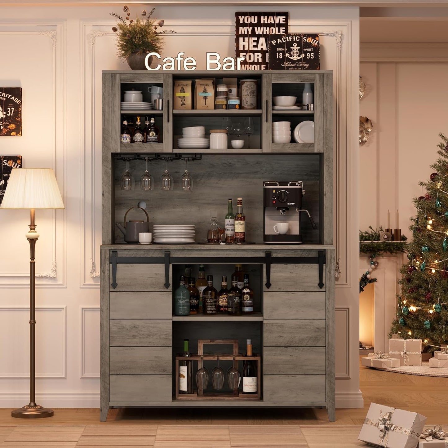 IDEALHOUSE 70'' Wine Coffee Bar Cabinet with Storage Hutch, Tall Kitchen Pantry Liquor Cabinet with Sliding Barn Doors, Bottle Glasses Rack, Farmhouse Buffet for Home Dining Room, Gray Oak