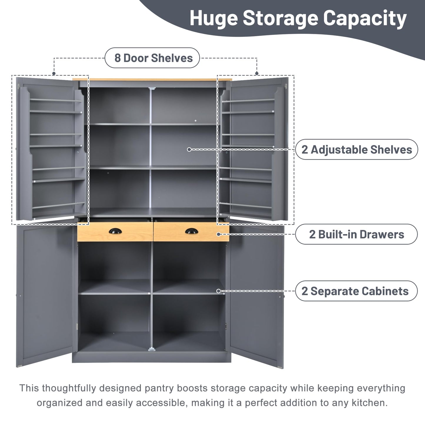 Merax 71.3" Tall Kitchen Storage Cabinet Pantry Wood Freestanding Large Cupboard with 2 Drawers,2 Adjustable Shelves,8 Door-Shelf for Dining Room,Grey