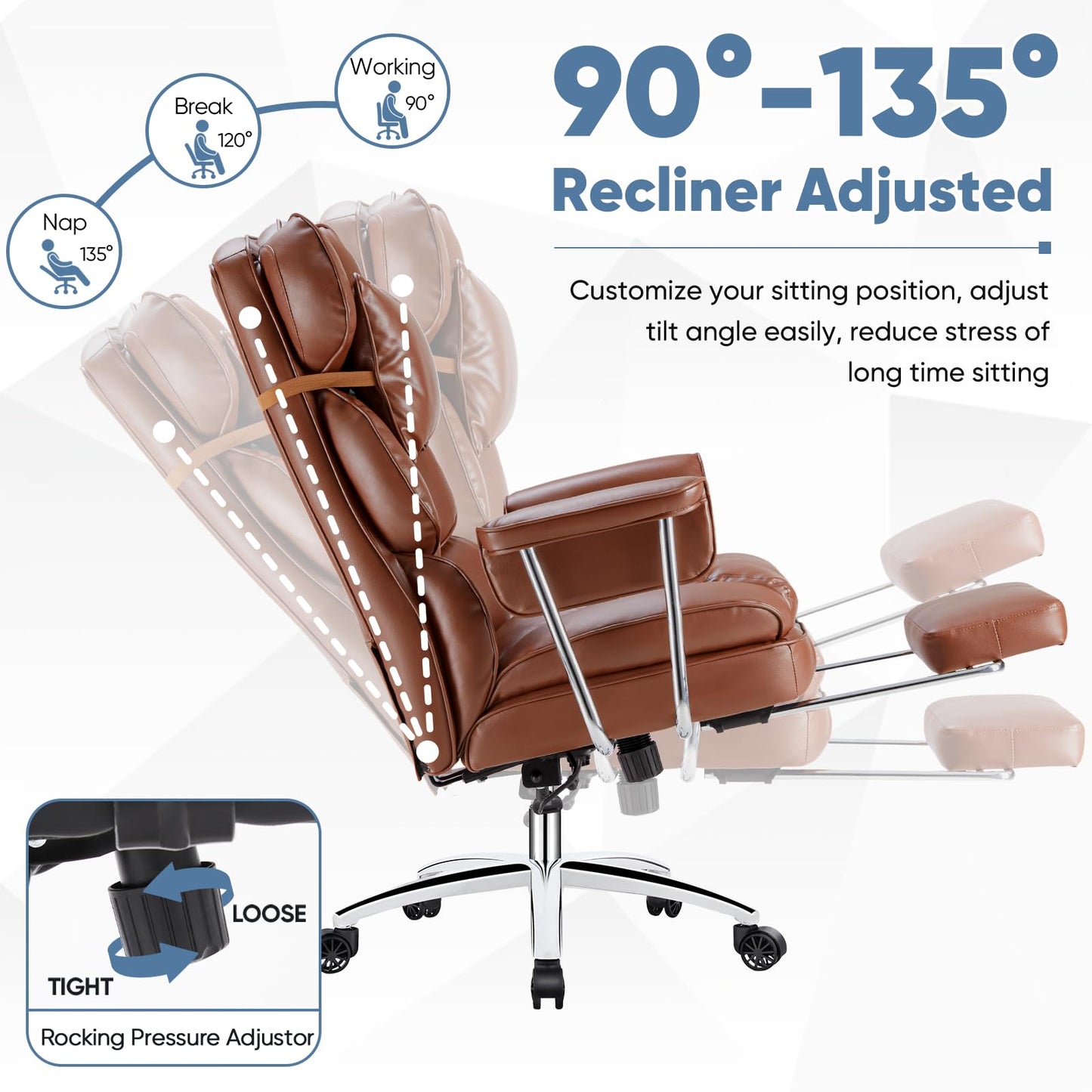 DUMOS Home Office Desk Executive Chair - Ergonomic Big Tall High Back with Footrest & Lumbar Support, Reclining Height Adjustable, Comfy PU Leather Computer Gaming with Swivel Wheels, Brown