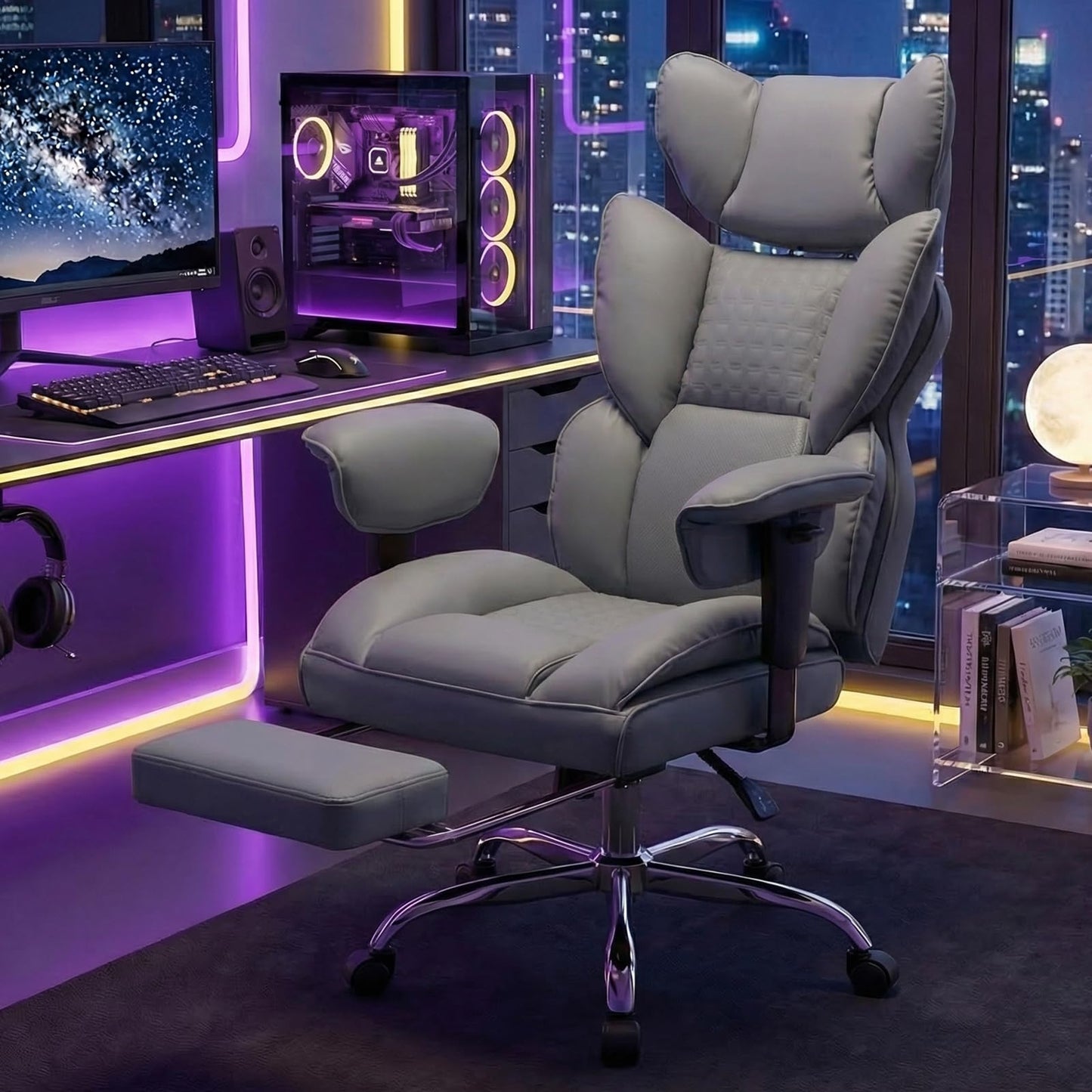 DUMOS Big and Tall Home Office Desk Chair, Gaming Computer Chair, Executive Ergonomic Chair with Footrest, High Back Reclining, Adjustable Armrests and Comfy Lumbar Support, PU Leather, Grey