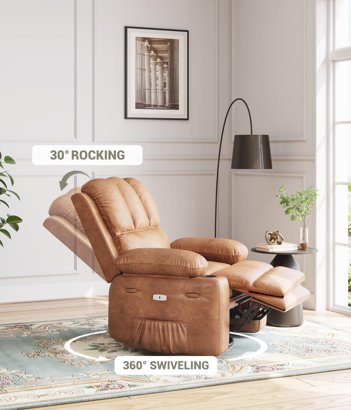Garvee 27" Power Recliner Chair for Adults with Massage and Heat 360° Swivel Oversized Leather Recliner Chair Large Seat Width with USB Ports & Side Pockets for Living Room Bedroom, Two-Tone Retro