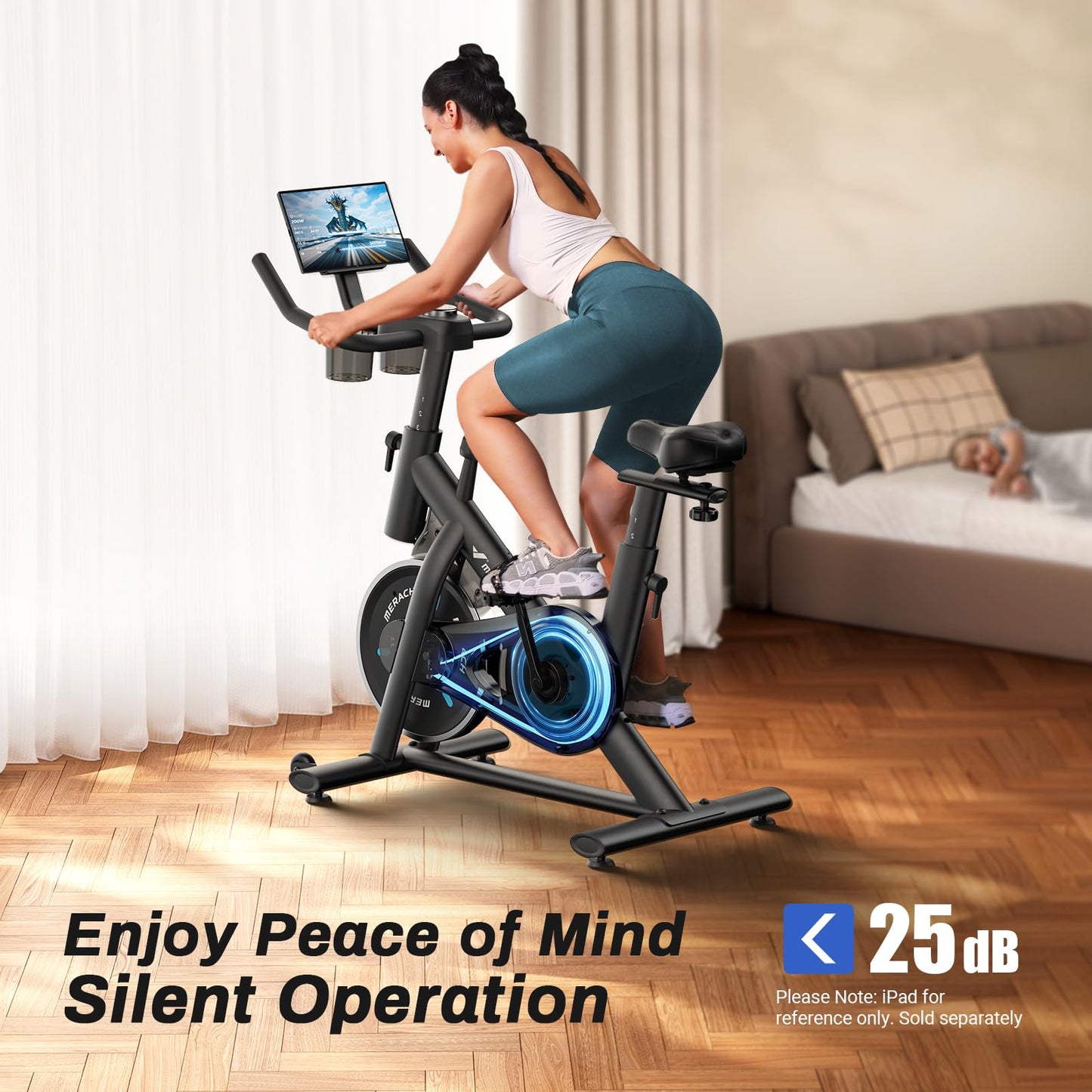 Merach Exercise Bike, Magnetic Friction Stationary Bike with Brake Pad and Exclusive App, Low Noise Indoor Cycling Bike with 300lbs Weight Capacity, Tablet Mount and Fitness Courses for Weight Loss