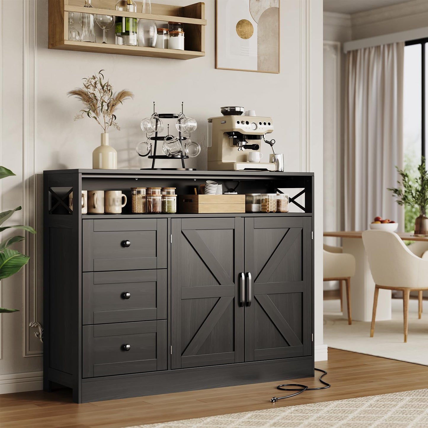 Farmhouse Buffet Cabinet with 3 Drawers & Open Shelf, Sideboard with Storage, 47" Kitchen Pantry Cabinet Hutch, Coffee Bar Station with Built-In Power Outlet for Kitchen, Dining Room- Black