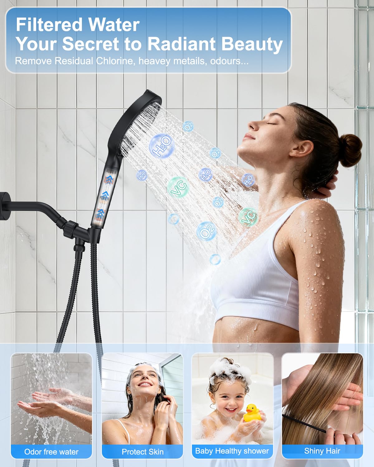 11" Matte Black Rainfall Shower System – Complete Spa Faucet Set with Filtered Handheld Sprayer & Mixer Valve – Modern High Pressure Bathroom Fixture Trim Kit