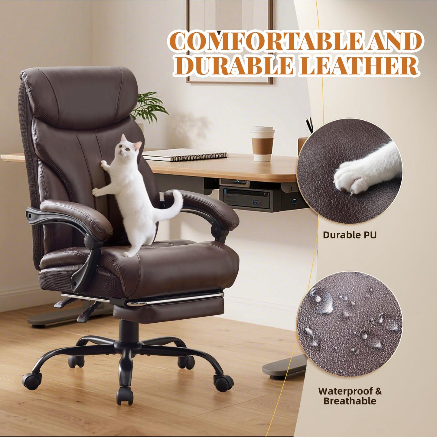 Big and Tall Office Chairs with Foot Rest,500LBS Wide Ergonomic Gaming Chair,100-135°Recline Executive Leather Computer Chairs with Adjustable Height,Coffee