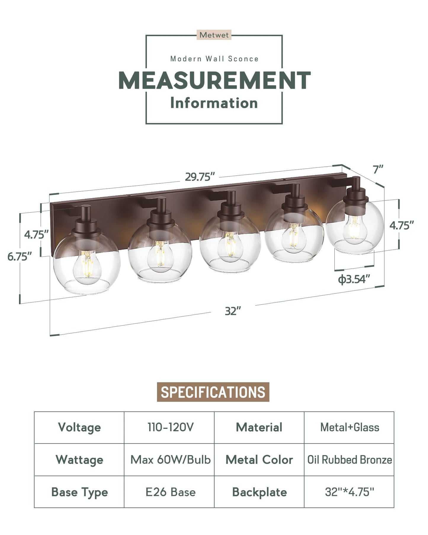 METWET 5-Light Bathroom Vanity Light Fixtures, Oil-Rubbed Bronze, Globe Clear Glass Shade, Model VL195-ORB-5, 32 Inch Modern Sconces