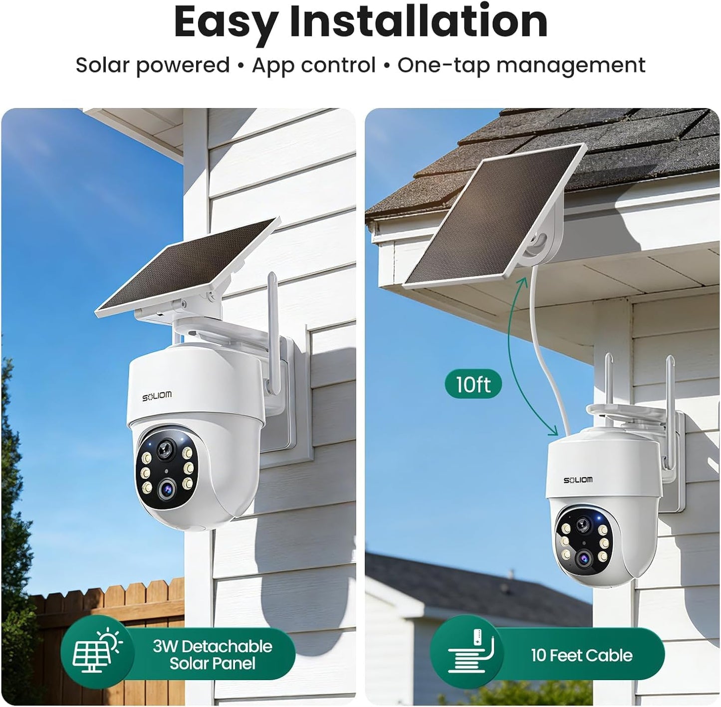 SOLIOM- 5MP Security Cameras Wireless Outdoor, No Subscription & Solar Powered,2-Cam Pack Home Security Camera with 360° Auto Human Motion Tracking, 3K Color Night Vision,5G & 2.4G Router Compatible