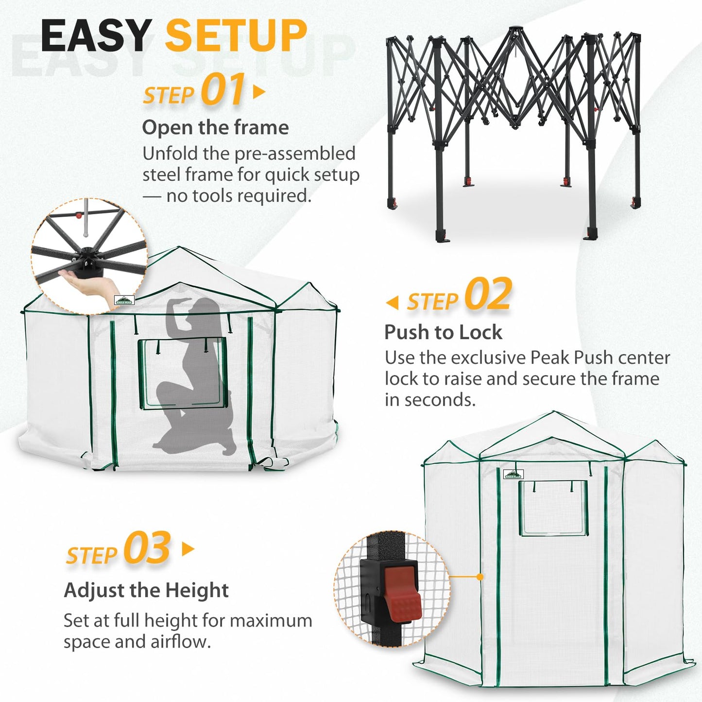 EAGLE PEAK 6.6x6.6 Portable Walk in Greenhouse, Pop Up Indoor Outdoor Greenhouse, Green House Kit with Zippered Roll-Up Doors and Windows, Hexagon Design, PE Cover, Clear/White